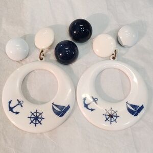 Vintage Navy Blue and white clip-on earrings 3 pair